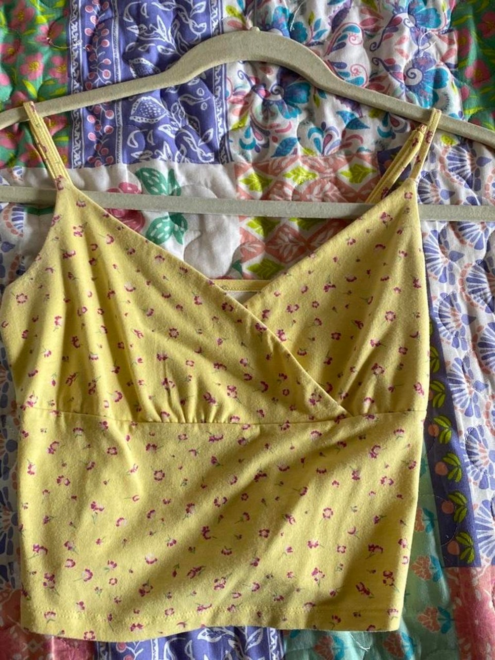 SO Yellow Floral Cami Crop Top with Pink Flower Print
